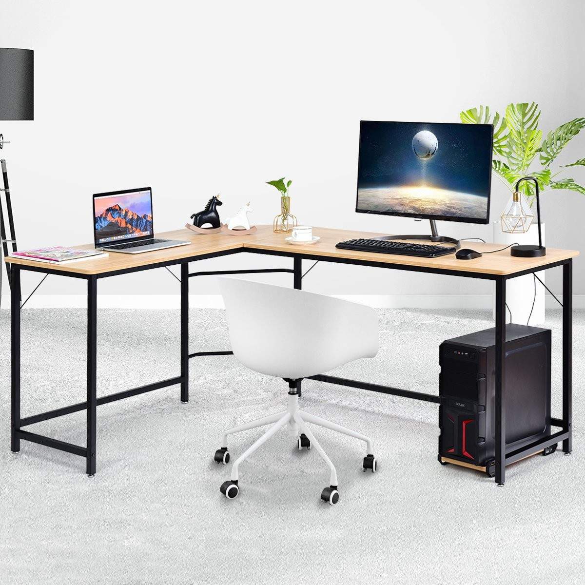 L-format datorbord PC hörn skrivbord vinkelskrivbord svart/naturlig 168 x 125 x 74 cm-naturlig | Elektronik - Ljud & Bild - Högtalare | Pryloteket