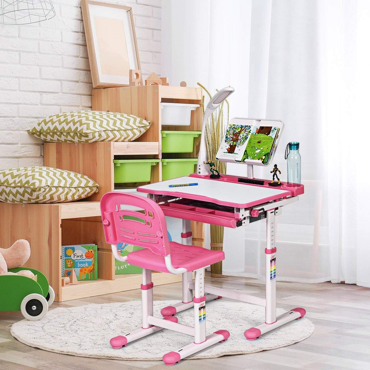 Børneskrivebord, justerbart, elevbord med lampe og stol, valg af farver: pink