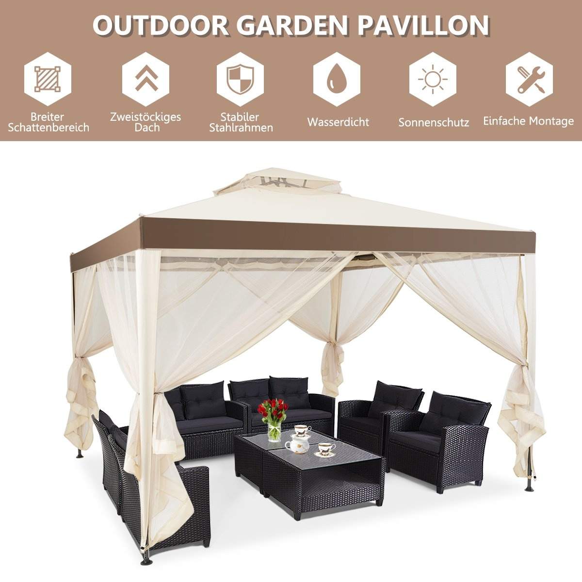 Havepavillon havetelt camping festtelt med 4 sidevægge 300 x 300 x 265 cm beige
