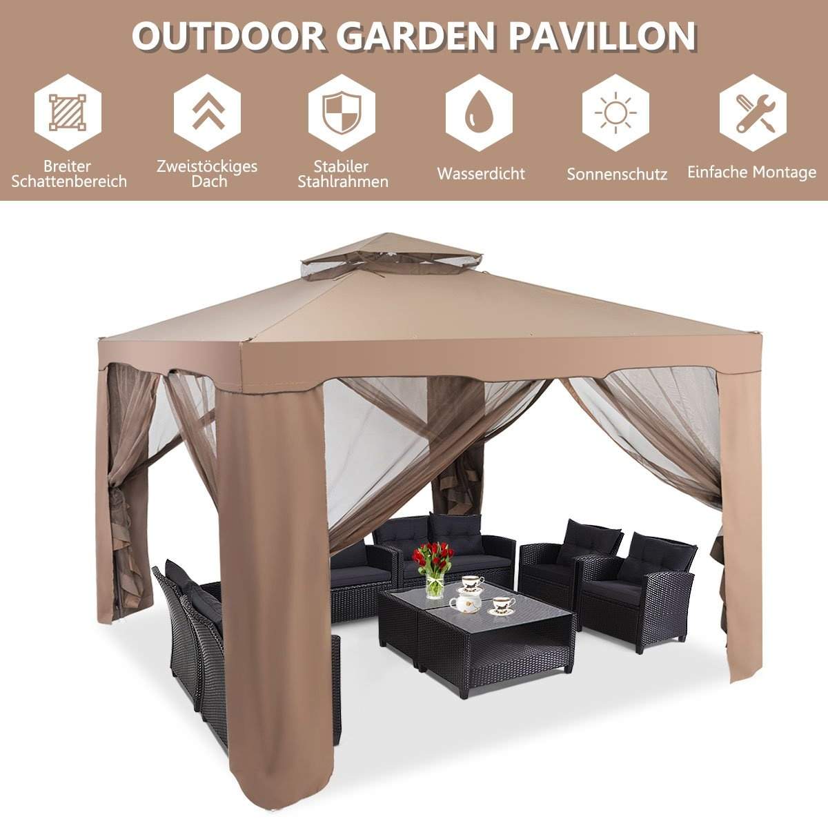 Havepavillon havetelt camping festtelt med 4 sidevægge 300 x 300 x 265 cm brun