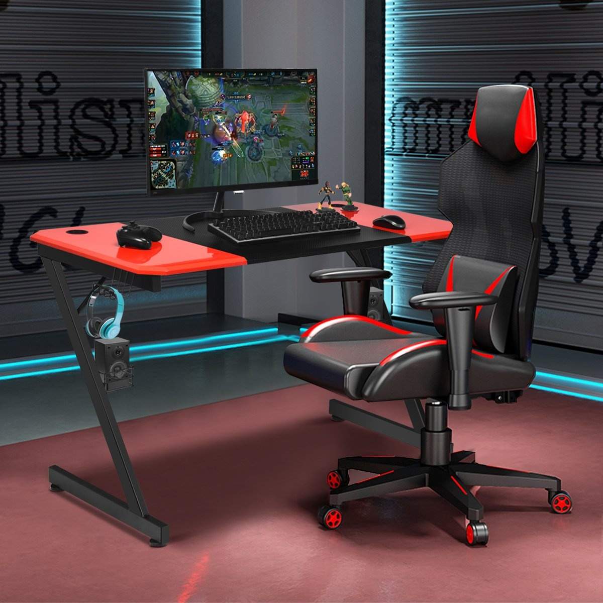 Z-formet gaming bord computer bord PC bord med kopholder hovedtelefonkrog & højttaler stativ skrivebord sort/rød