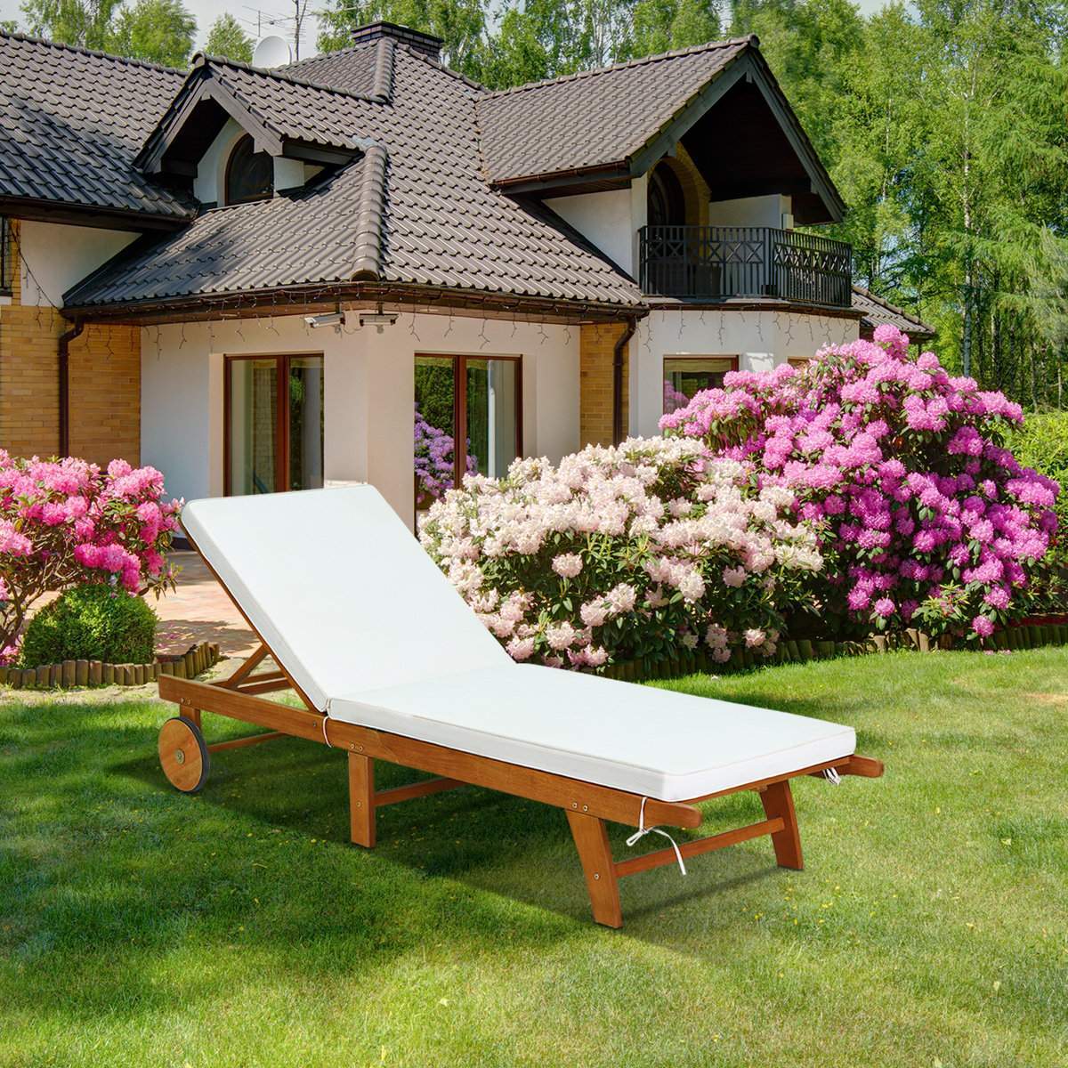 Liggestol havestol i træ med justerbart ryglæn med hjul og puder strandstol til haven