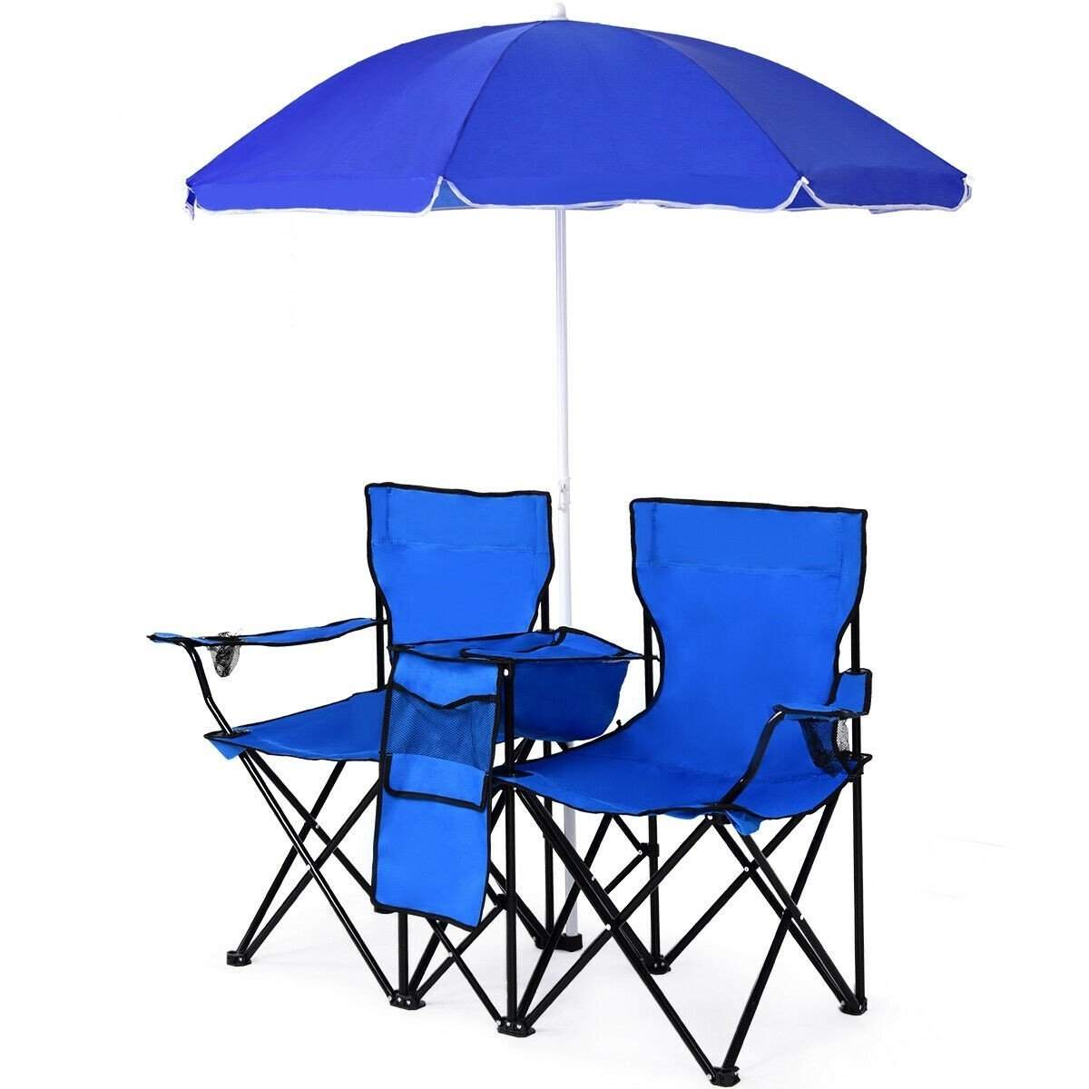Sammenklappelig campingstol med parasol til 2 personer, klapstol til par, dobbelt fiskestol, foldbar med kopholder, køletaske, b