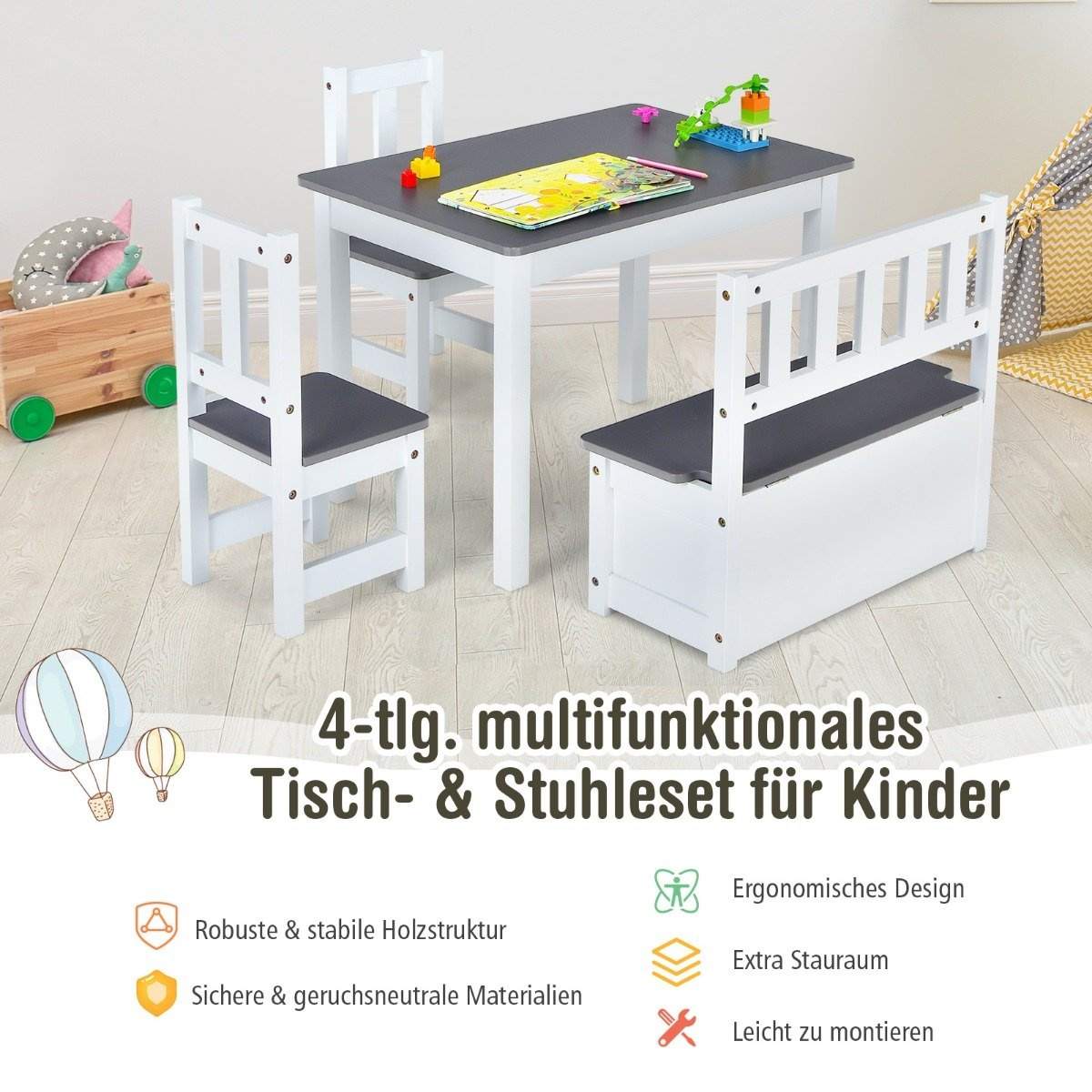 4-osainen lastenistuinryhmä puinen istuinryhmä lasten lastenpöytäryhmä harmaa + valkoinen