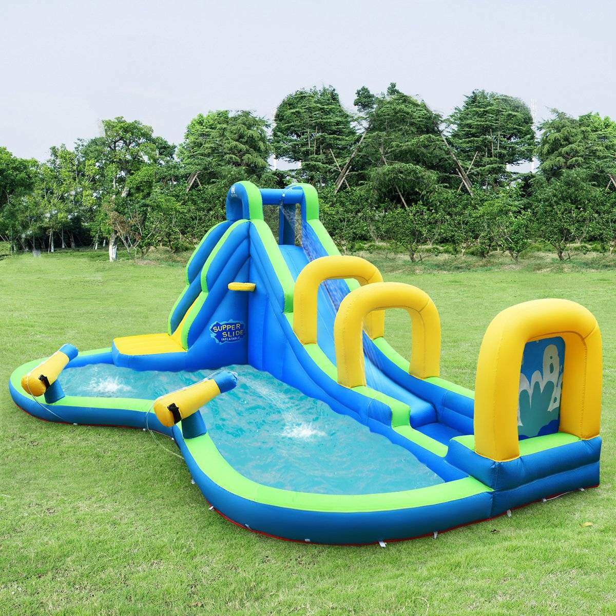 Hoppeborg oppustelig vandrutsjebane Lege pool vandland med rutsjebane 478x365x242 cm