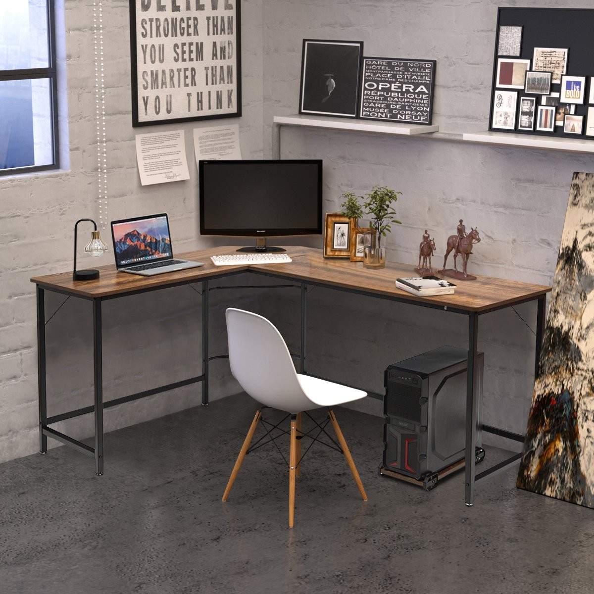 L-formet computer skrivebord PC hjørne skrivebord vinkel skrivebord sort/naturlig 168 x 125 x 74 cm kaffe