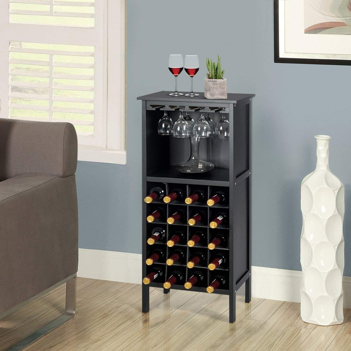 Vinreol i træ, flaskereol, vinstander, træhylde, vinskab, kolonistil, sort