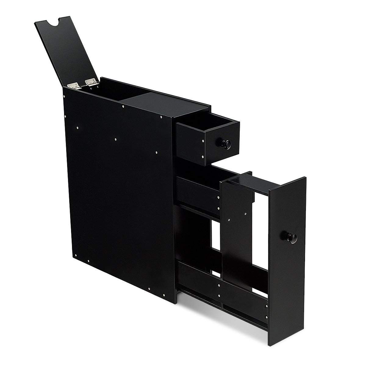 Smal nichehylde med skuffer badeværelsesskab udført i træ sideskab sort