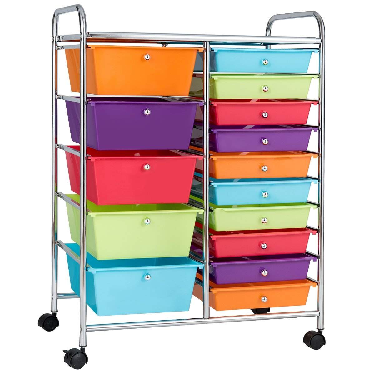 Vogn med 15 stabelbare skuffer, rullecontainer, sidevogn, farverig/gul, 62,5 x 37 x 87 cm, farverig