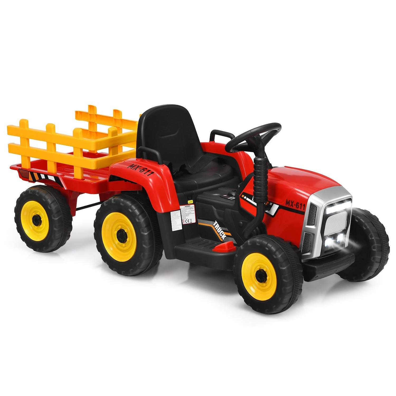3-trins børnetraktor 12V ride-on traktor med aftagelig trailer rød