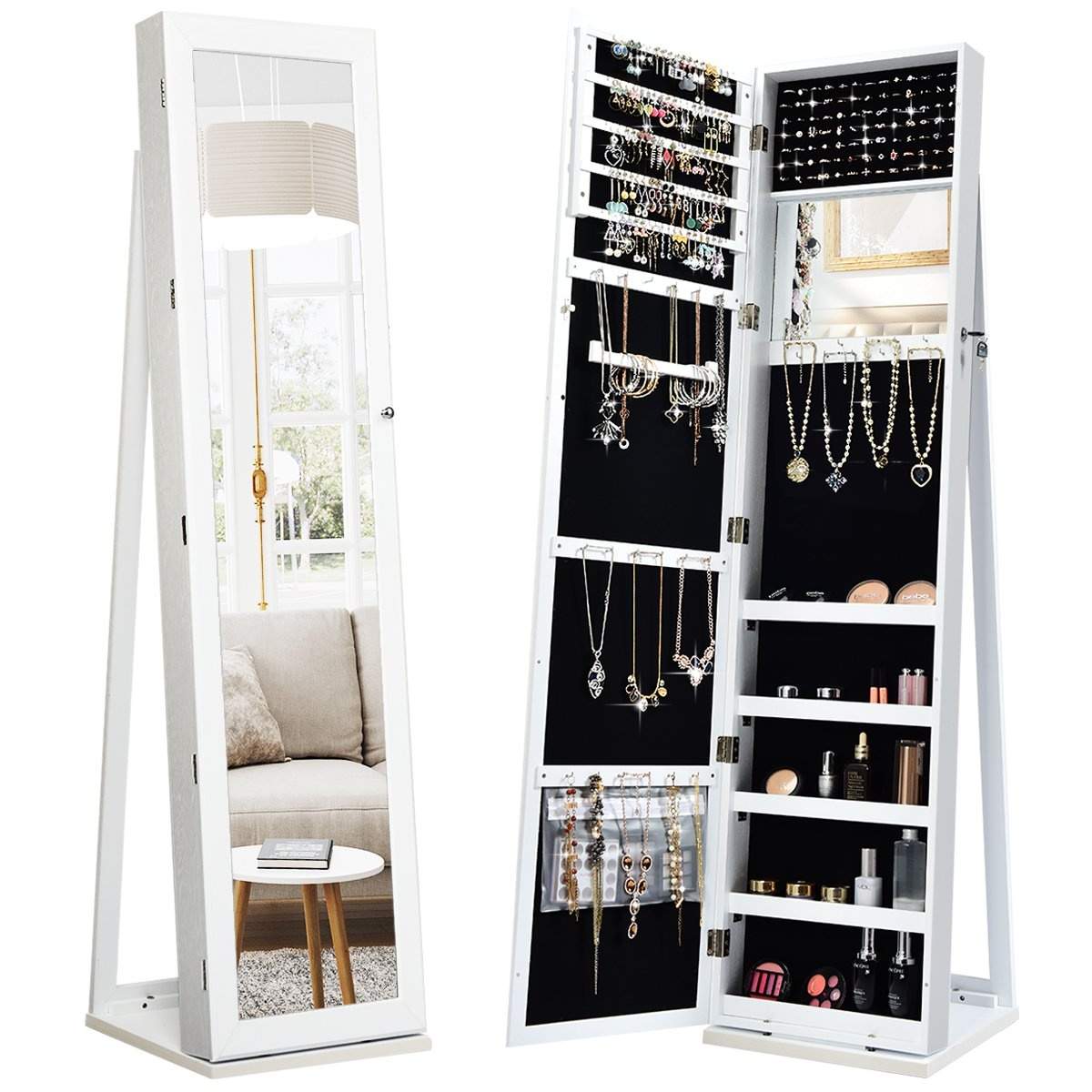 2-i-1 stort och låsbart smyckesskåp med fullängdsspegel, fristående smyckesställ, vit | Mode & Accessoarer - Smycken, Smyckesset & Tillbehör - Halsband | Pryloteket