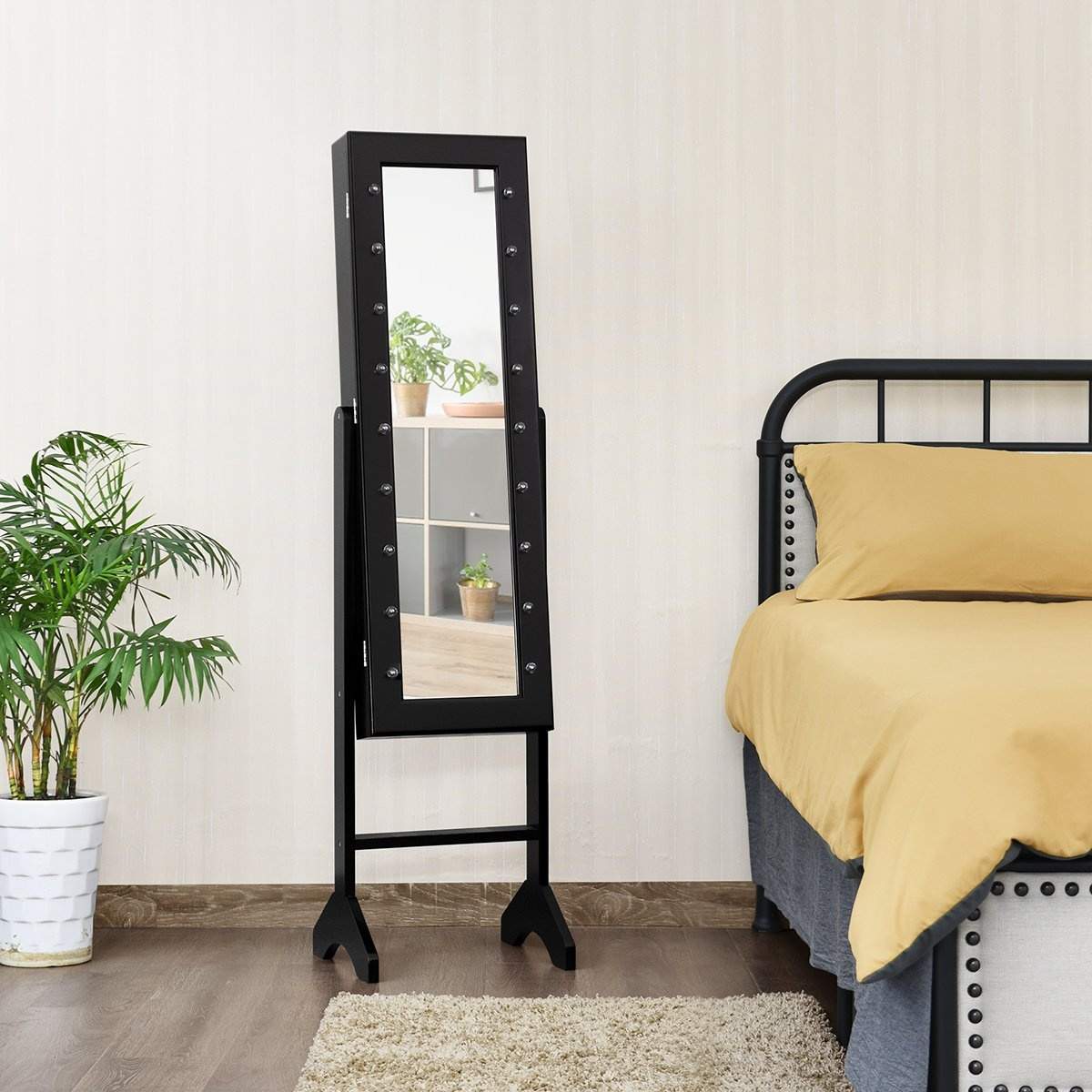 18 LED smykkeskab vippejusterbar stående design smykkehylde med fuldlængde spejl 35 × 31,5 x 145 cm sort