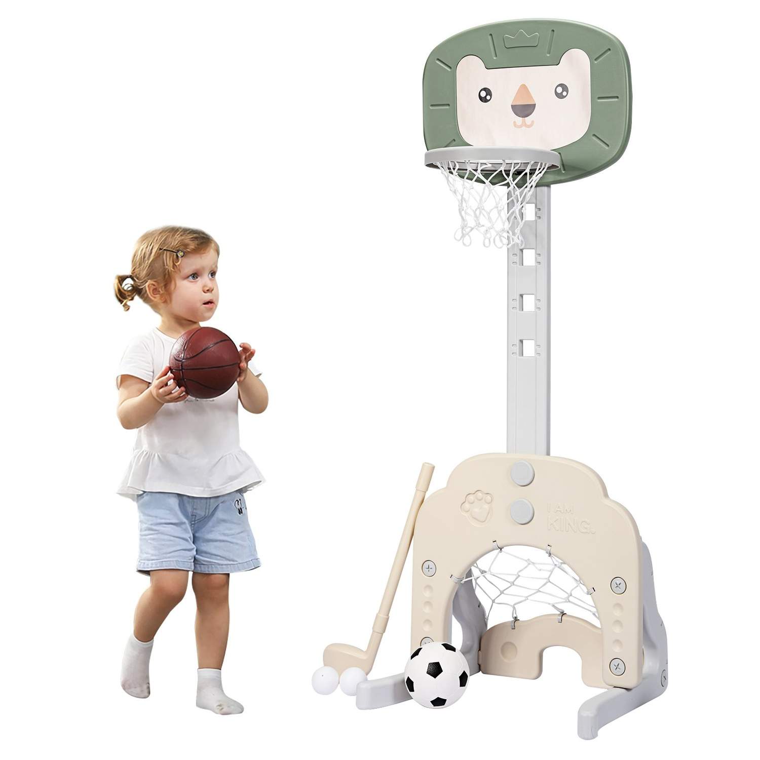 3-i-1 Basketball Hoop Sæt Baby Basketball Hoop med justerbar højde Basketball Fodbold Golf Sæt Grøn + Hvid