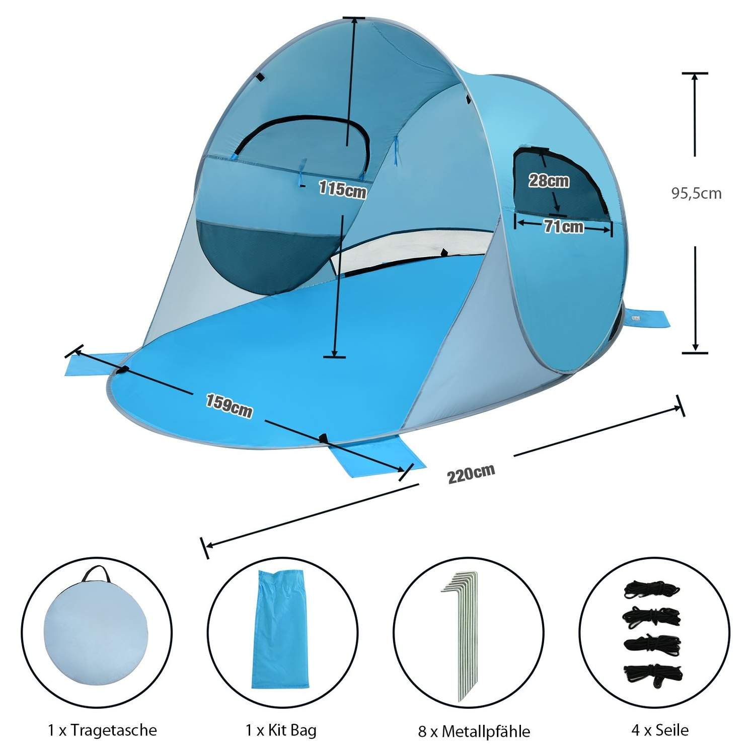 Pop Up Beach Shelter 3-4 hengen rantateltta Sun Protection Throw teltta Outdoor Blue