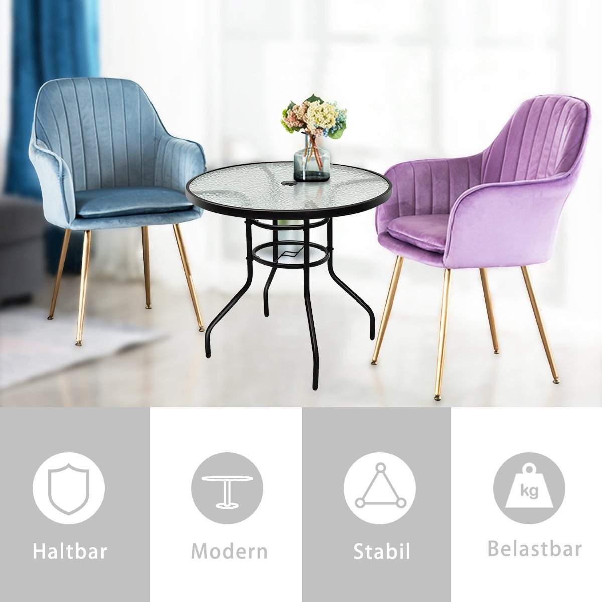 Bistrobord lavet af metal med paraplyhul og fortykket glasplade havebord glasbord sort