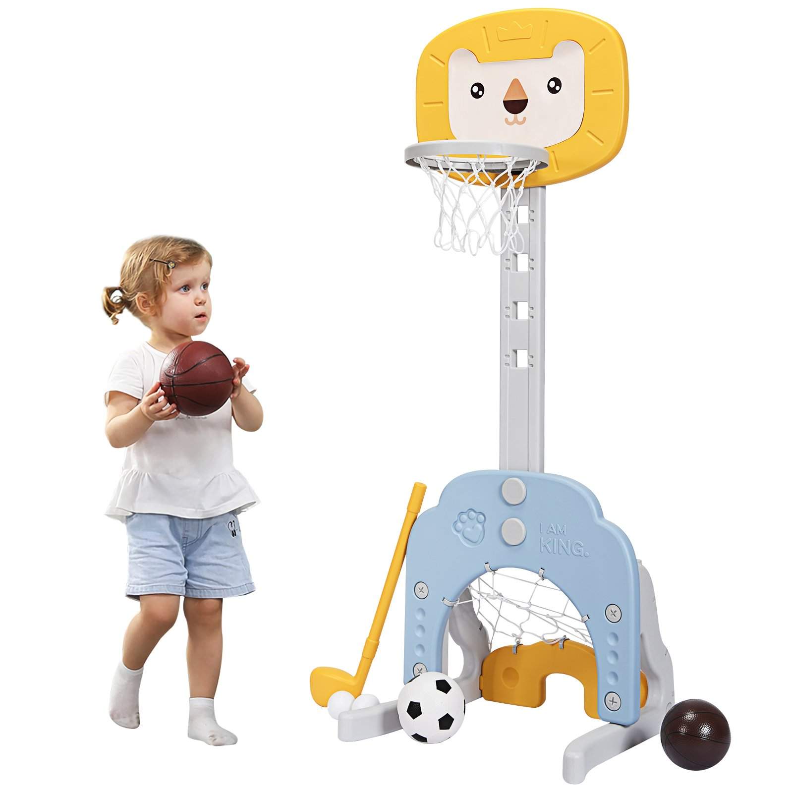 3-i-1 Basketball Hoop Sæt Basketball Hoop med justerbar højde Let og stabilt Basketball Sæt Gul + Blå