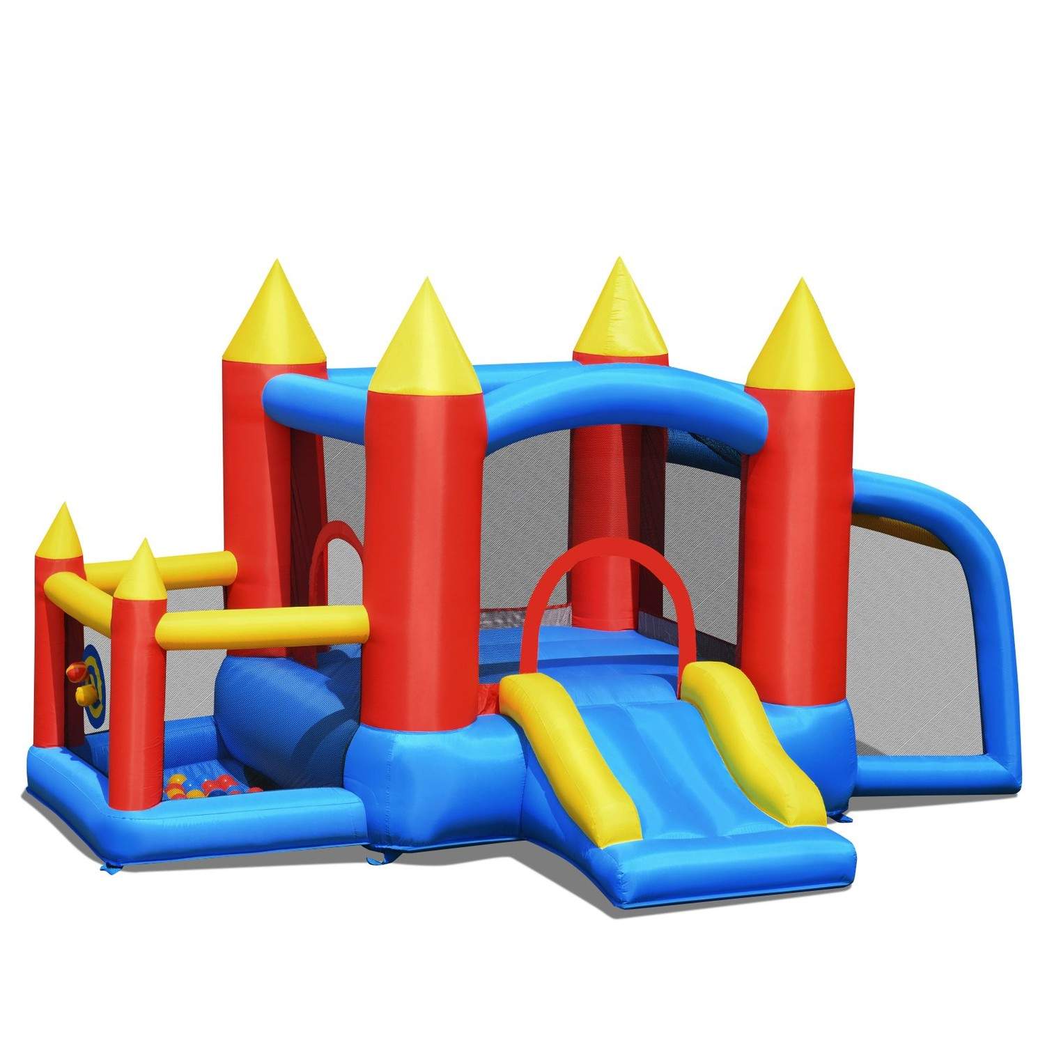 Uppblåsbar hoppborg +450W blåsare med skjutbara havskulor 350 x 275 x 196 cm Färgglad | Leksaker & Spel - Leksaker - Bad- & Vattenlek - Uppblåsbart | Pryloteket