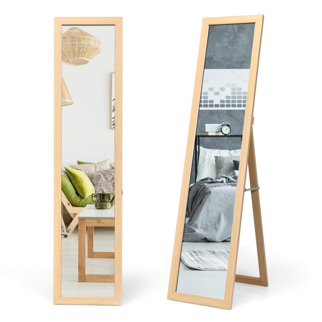 2 i 1 helspegel, stående spegel och väggspegel med träram 37 x 155 cm natur | Elektronik - Tillbehör Mobil & Surfplatta - Mobiltillbehör - Mobilkablar - Tillbehör | Pryloteket