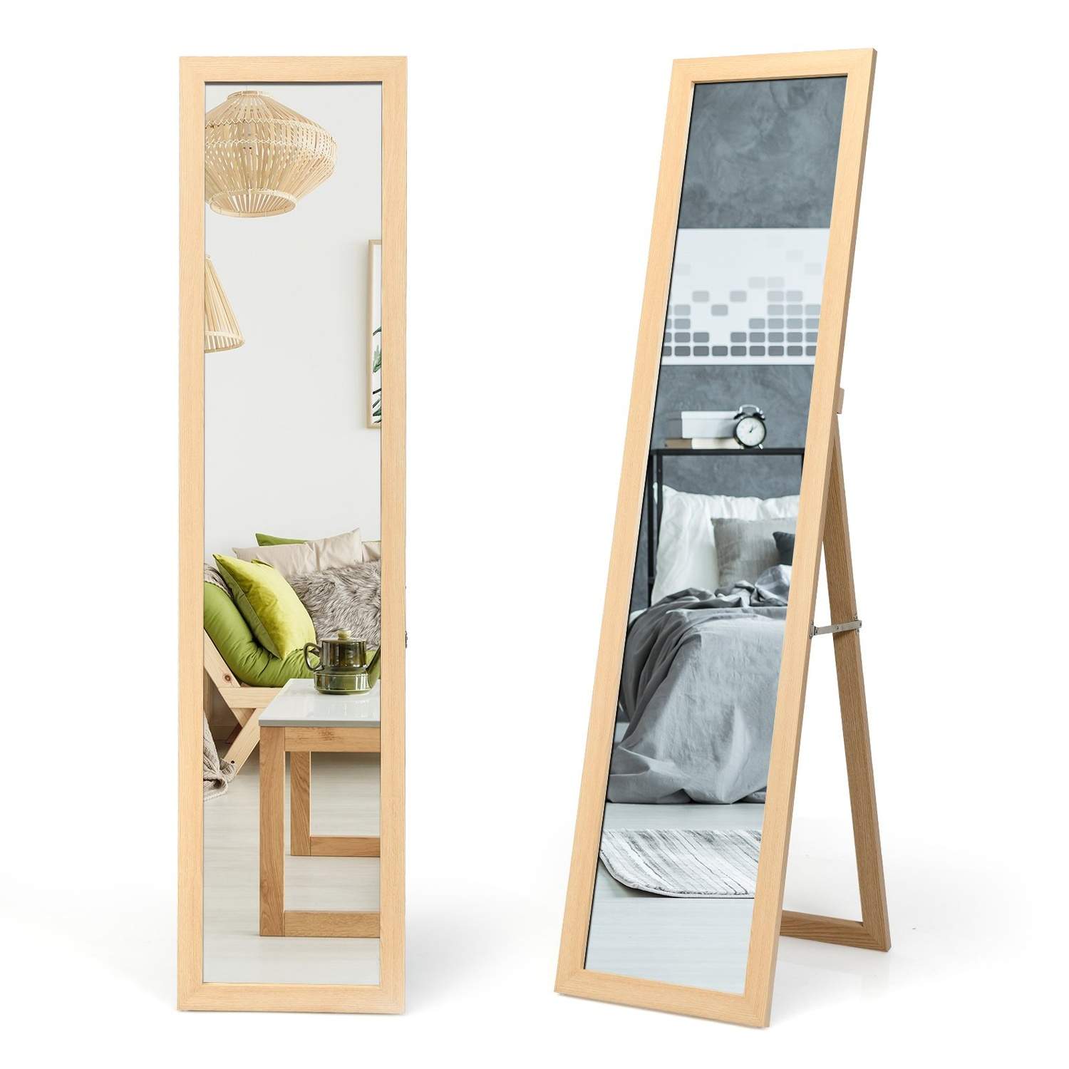 2 in 1 täyspitkä peili, seisova peili ja seinäpeili puukehyksellä 37 x 155 cm luonnollinen