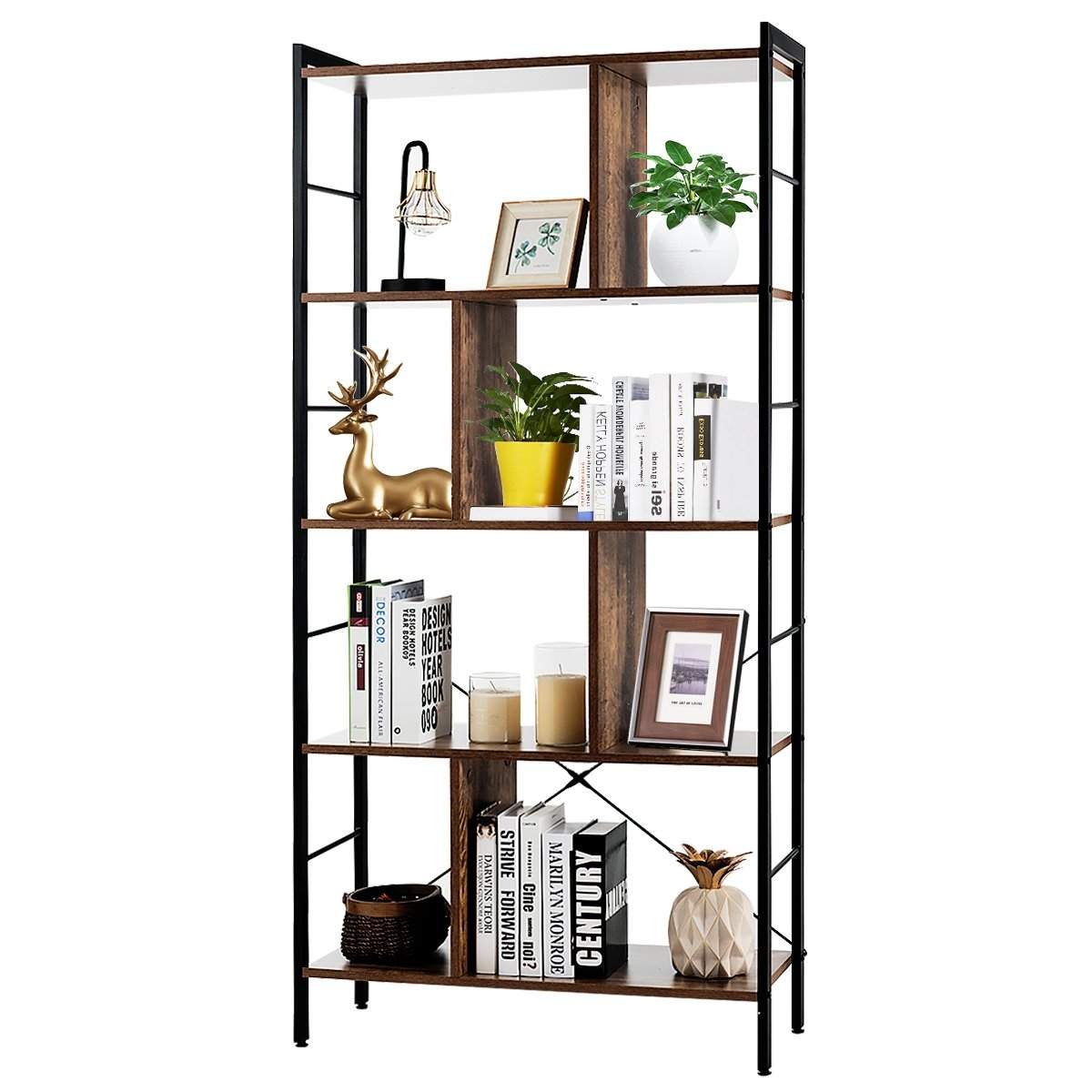 5-lags bogreol reol med metalramme Stående hylde Træ 74 x 30 x 154,5 cm Brun