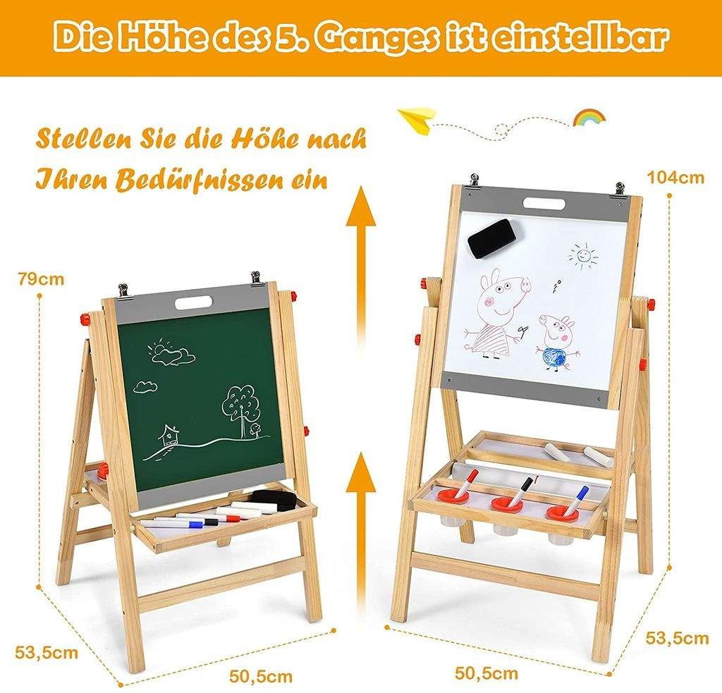 Sammenfoldelig 3 i 1 børnetavle, højdejusterbar træplade 50,5 x 53,5 x 79-104 cm natur + grå
