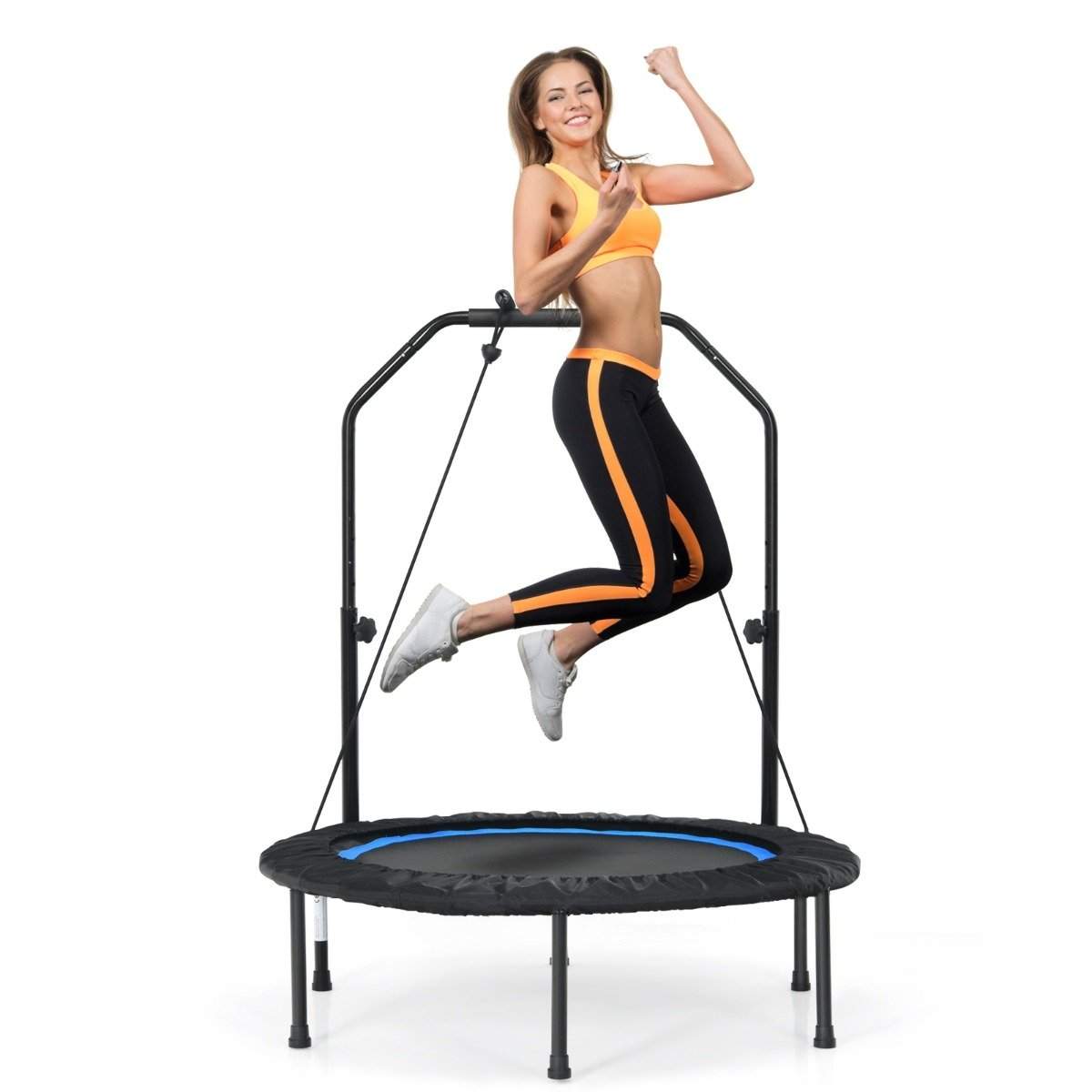 Ø101 cm trampolin med 2 modstandsbånd minitrampolin med højdejusterbart håndtag sort + blå