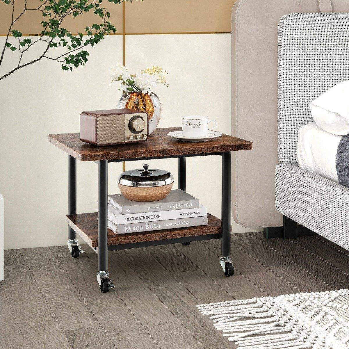 Printerbakke under bordet med transporthjul 2-lags printerbakke 49 x 40 x 37 cm brun