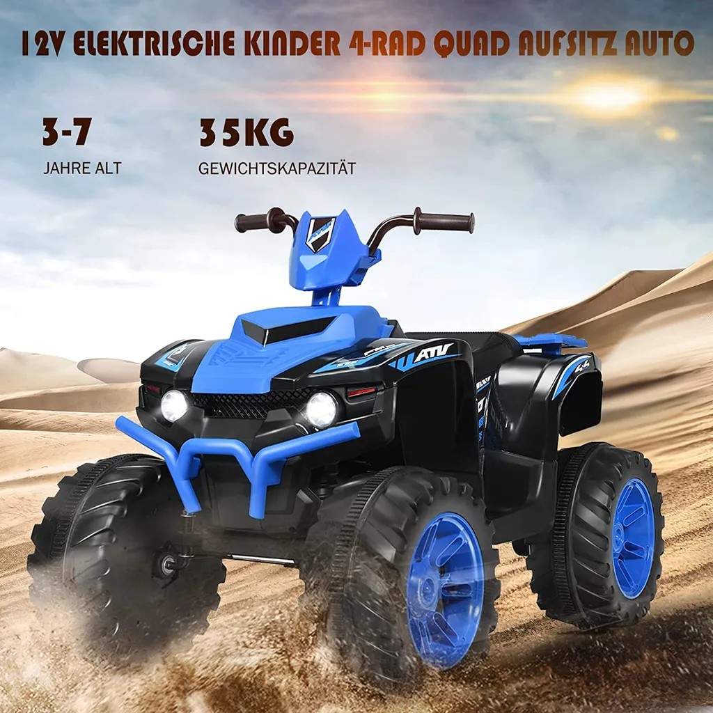 12V Elektrisk børnequad med forlygte Mini Elektrisk quad med musik & horn 4 hjul børnequad 2,8-5 km/t for børn fra 3 år Blå
