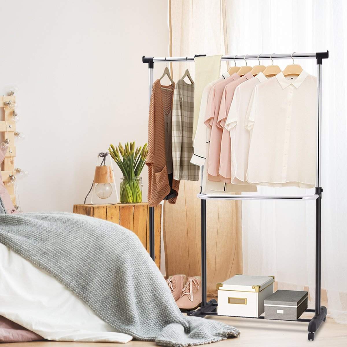 Jatkettava vaateteline, korkeussäädettävä vaateteline, vaatetanko kahdella hyllyllä, musta