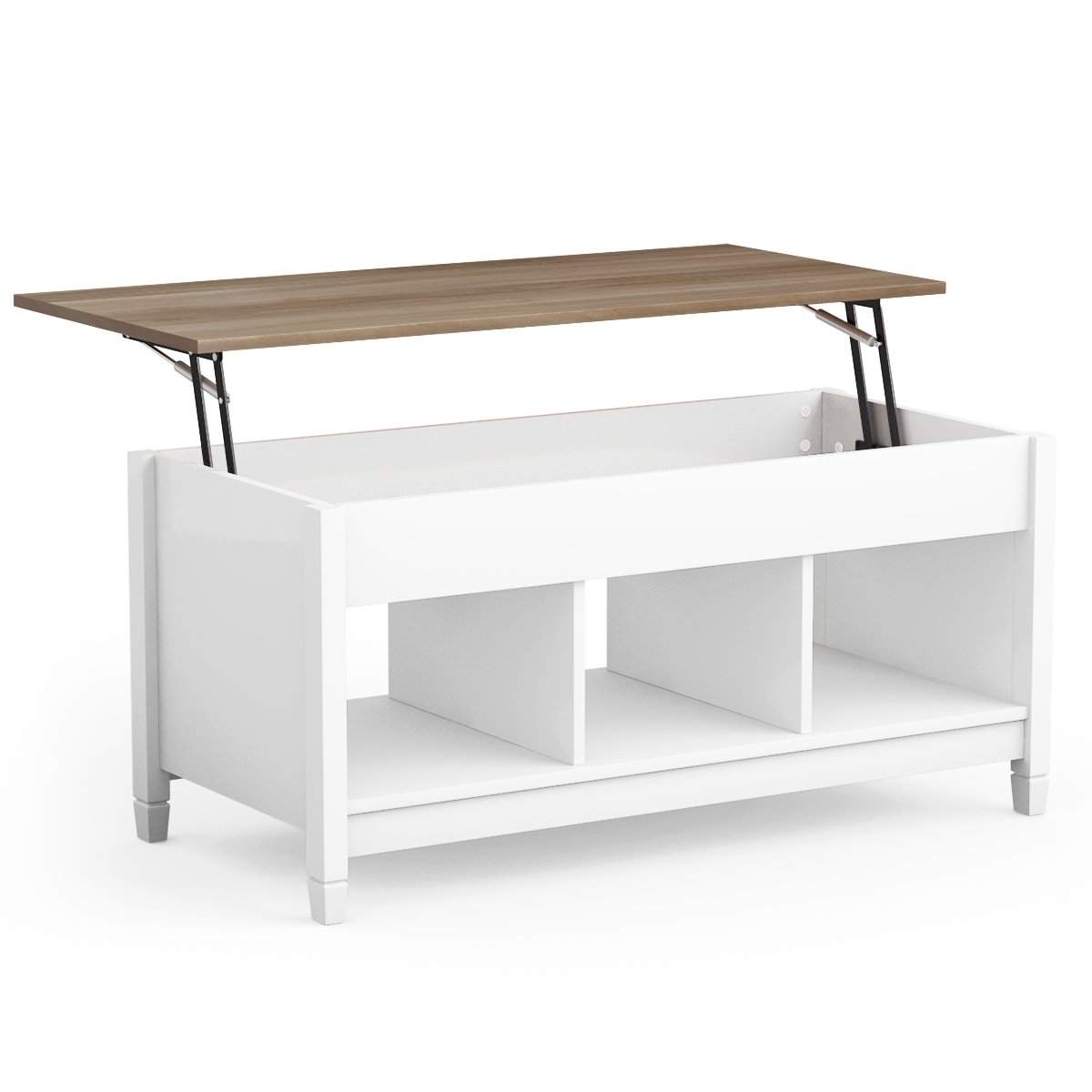 Sofabord med opbevaringsplads til løfteplade & 3 åbne hylder, højdejusterbar 104,5 x 49 x 48-62,5 cm hvid