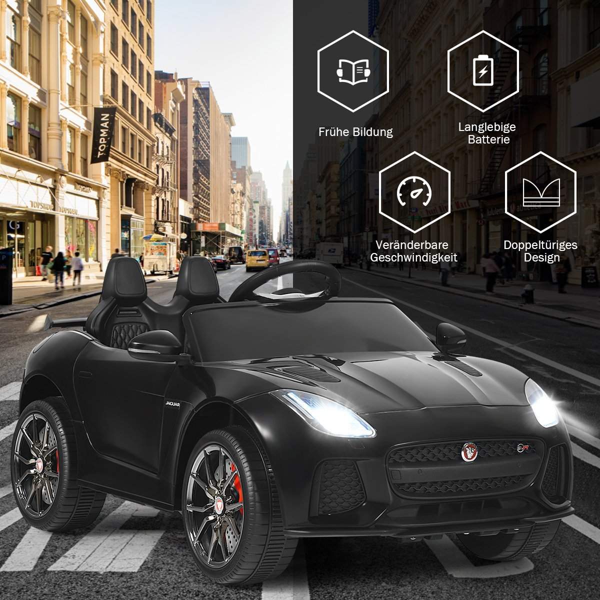 Sähkökäyttöinen lastenauto tarinoilla ja musiikilla, äänitorvi & ajovalot ja kaukosäädin, musta