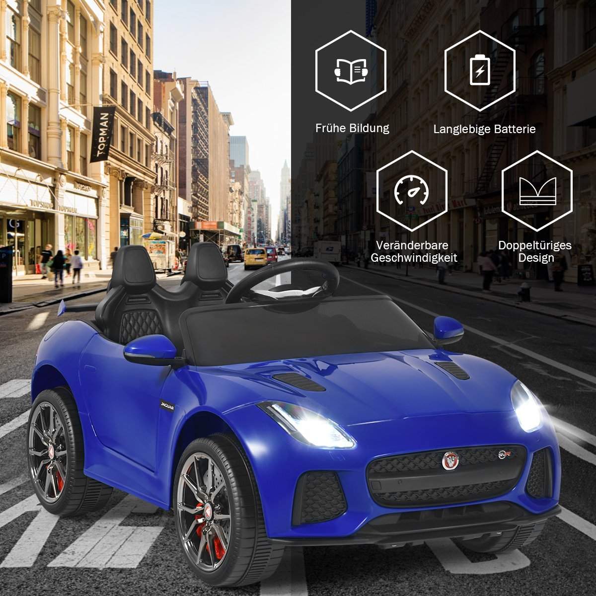 Sähkökäyttöinen lastenauto tarinoilla ja musiikilla, äänitorvi, ajovalot ja kaukosäädin