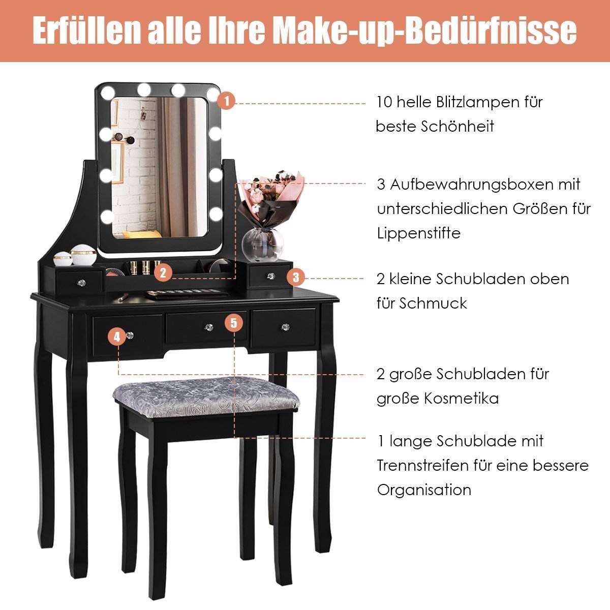 Sminkebord i træ med rektangulært spejl og polstret skammel 80 x 40 x 135,5 cm sort