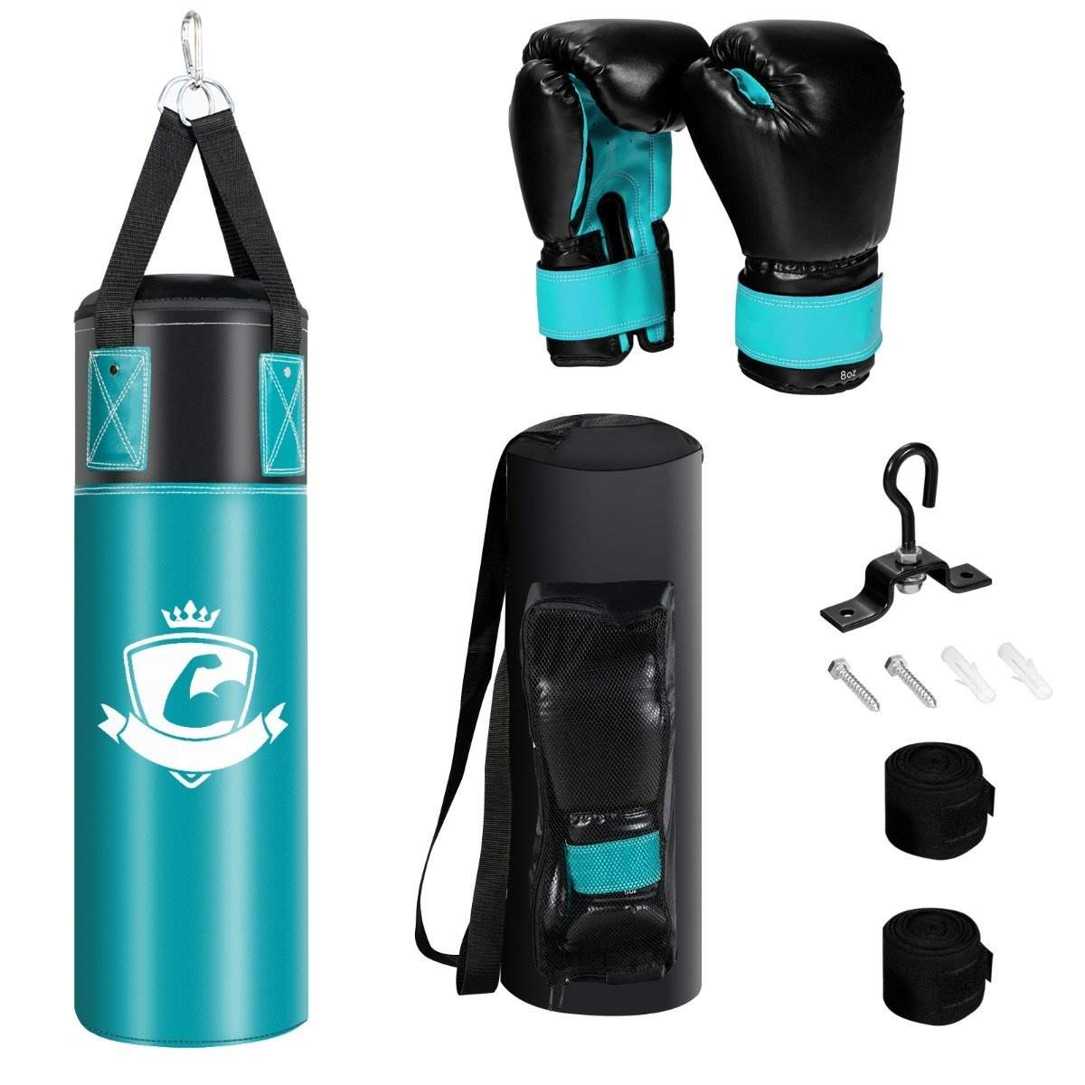 Boksesæk sæt med 8 oz boksehandsker Håndstropper Bag Boksesæk til børn og voksne Sort + Grøn