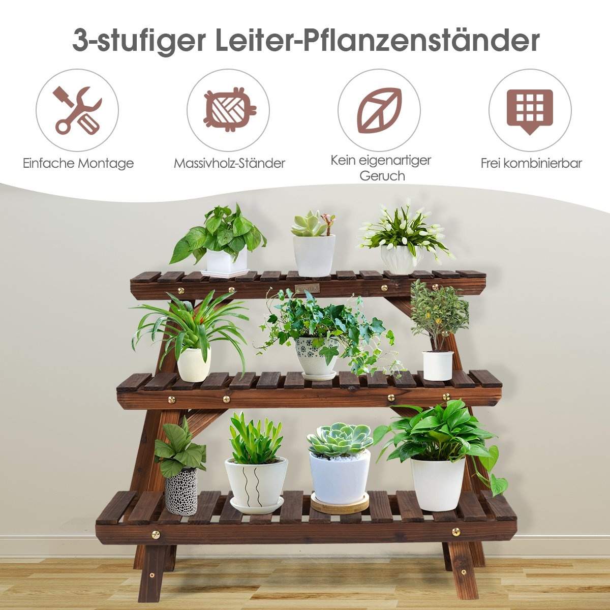 Plantestativ i træ 3-delt hjørneplantehylde 3-delt. Brunt blomsterstativ