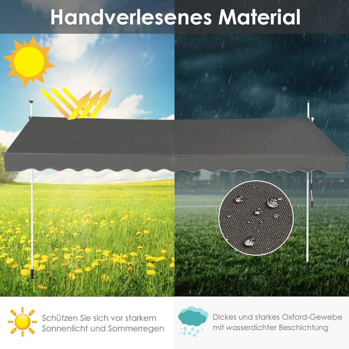 Teleskopmarkise Solafskærmning Udtrækkelig baldakin Solbeskyttelse UV-afvisende Vandtæt Markise 395 cm Bred Grå