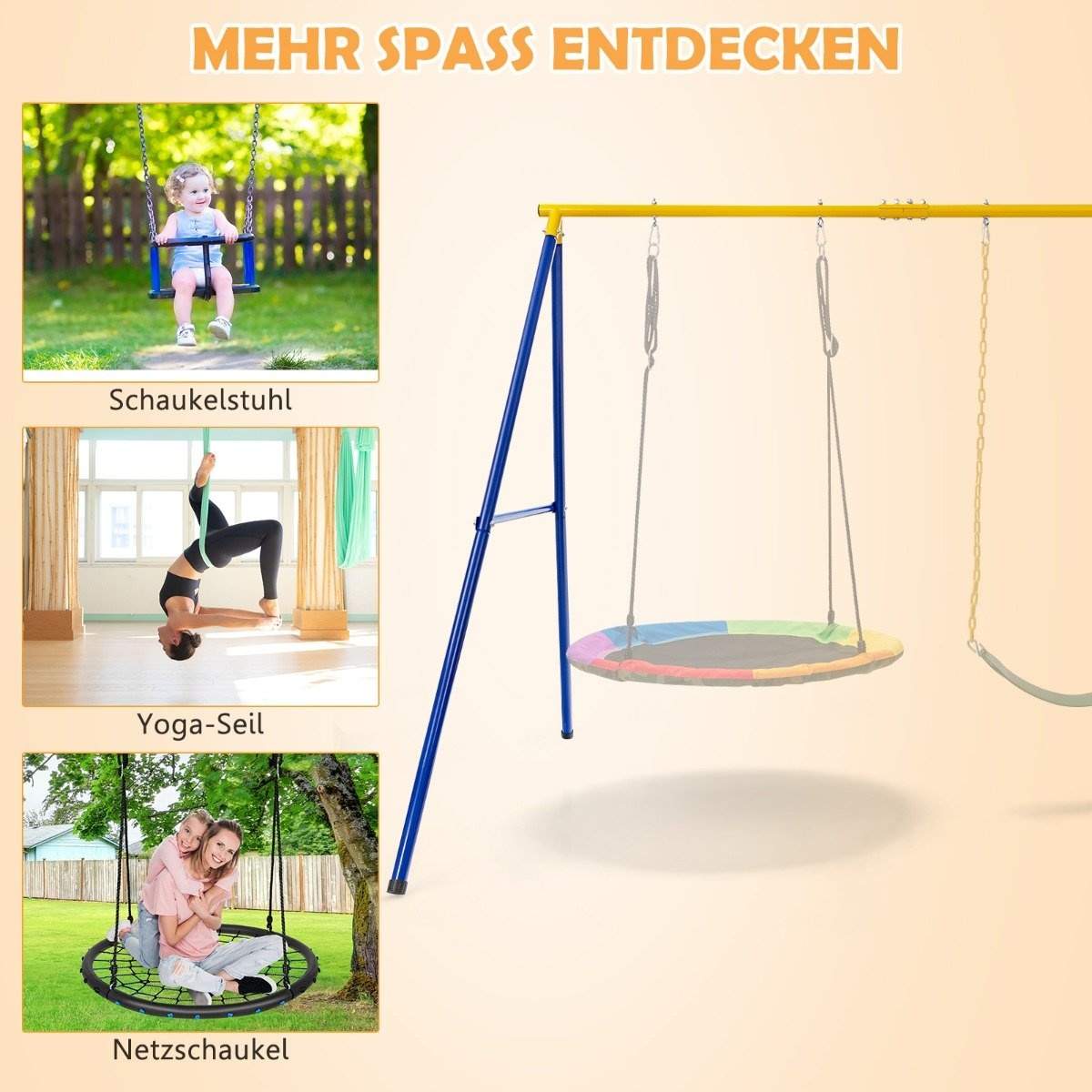 Gyngestel med A-ramme dobbeltgynge metalstel 249 x 185 x 181,5 cm blå + gul