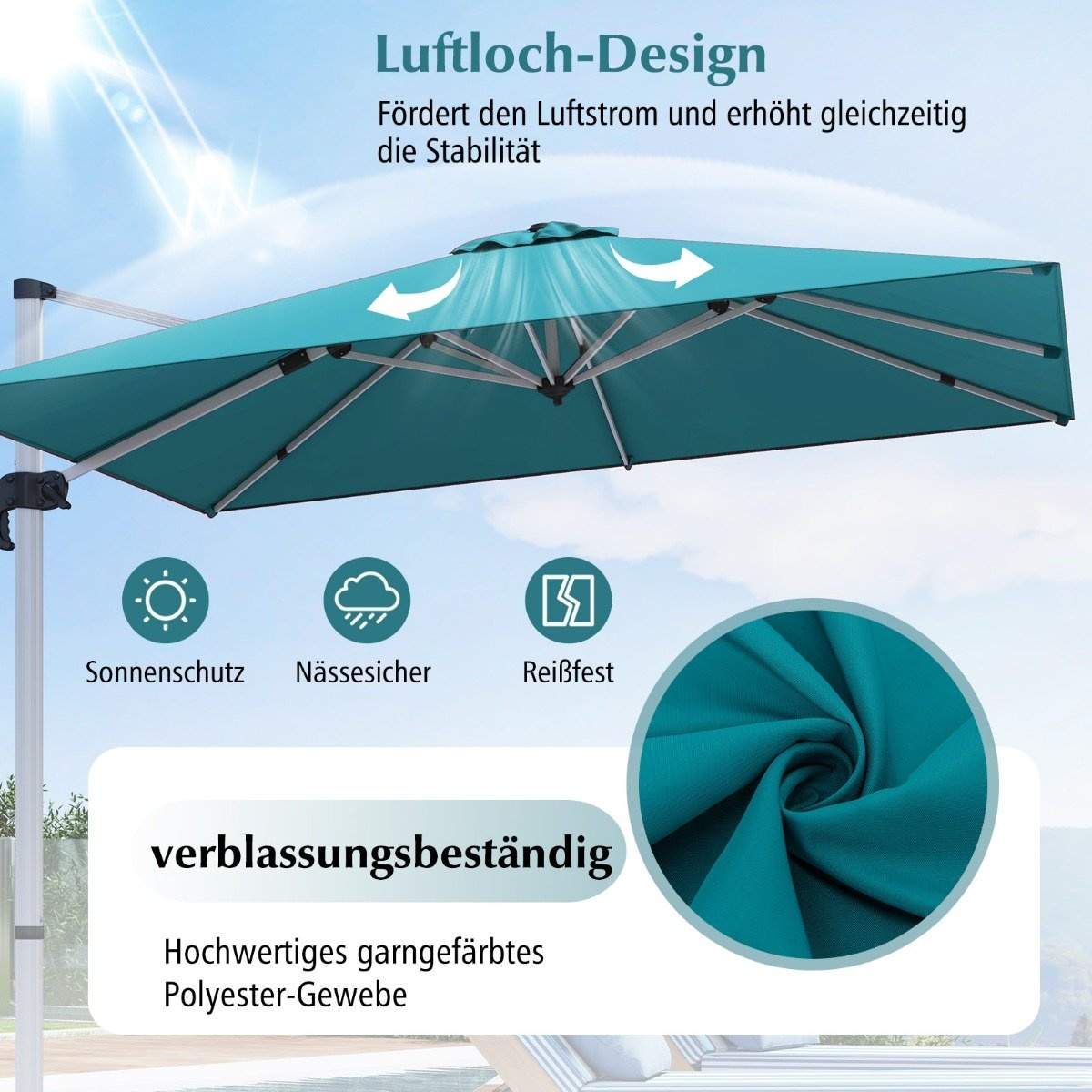 Markedsparaply med krydsbund og 360° rotation til have- og poolområder 300 x 300 cm blå