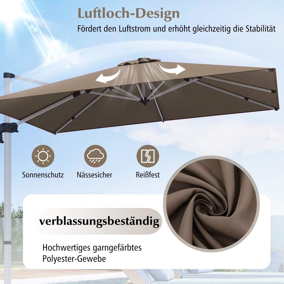 Markedsparaply med håndsving og 360° rotation til have- og poolområder 300 x 300 cm brun
