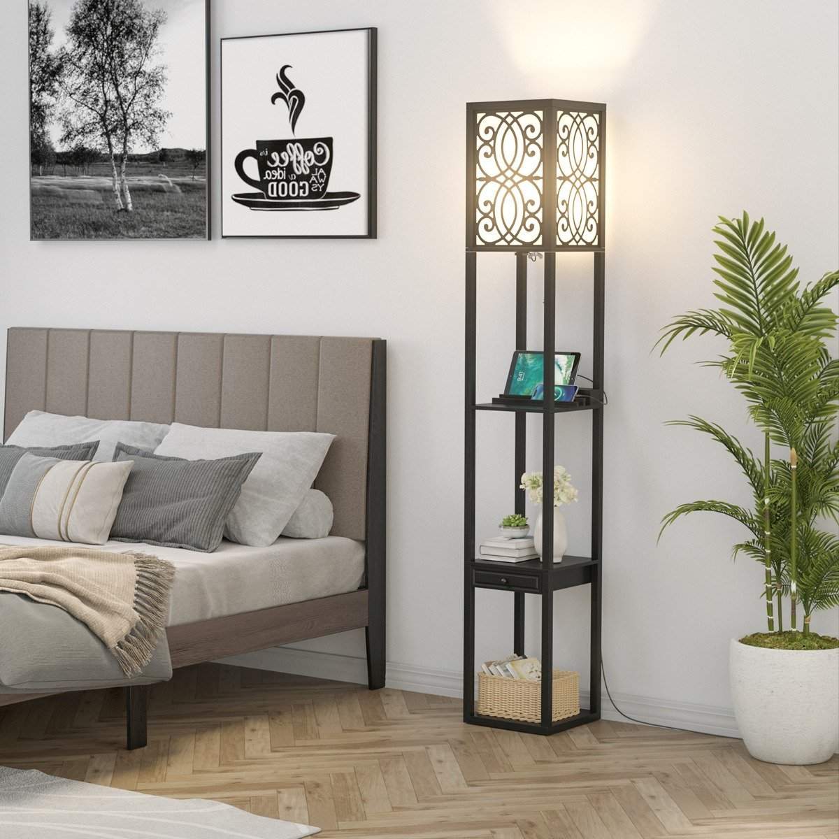 Gulvlampe med hylder og skuffe til stue soveværelse 26 x 26 x 160,5 cm sort
