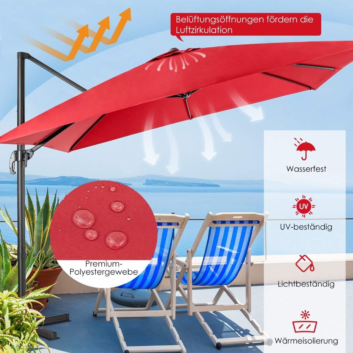 Paraply med 3 lutningsinställningar för trädgårdar, terrasser, kaféer, 300 x 300 x 273 cm, vinröd | Mode & Accessoarer - Accessoarer - Paraply | Pryloteket