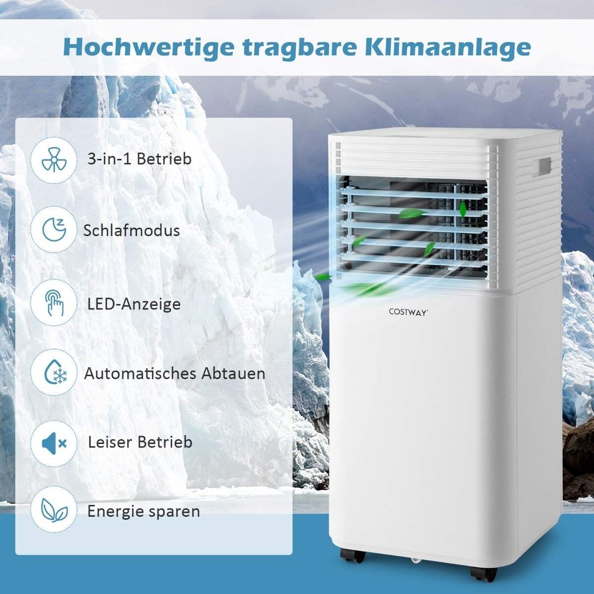 4 i 1 mobilt klimaanlæg 9000 BTU køle- og ventilations- og affugtende klimaanlæg med hvidt låg 16℃-32℃