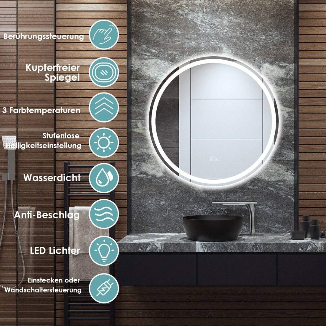 Rund LED-spegel badrumsspegel för väggmontage 3000 K-6000 K Ø 60 cm | Sport & Fritid - Friluftsliv & Camping - Belysning | Pryloteket