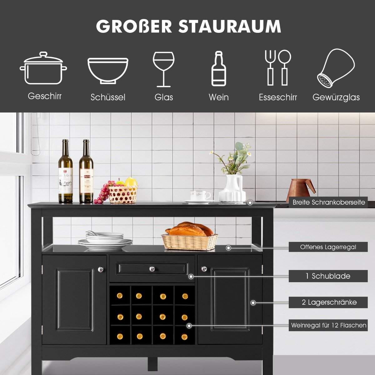 Modern matsalsbuffé med vinställ och skåp & låda 117 x 40,5 x 82,5 cm svart | Hem & Hobby - Hem & Hushåll - Kök - Köksredskap | Pryloteket