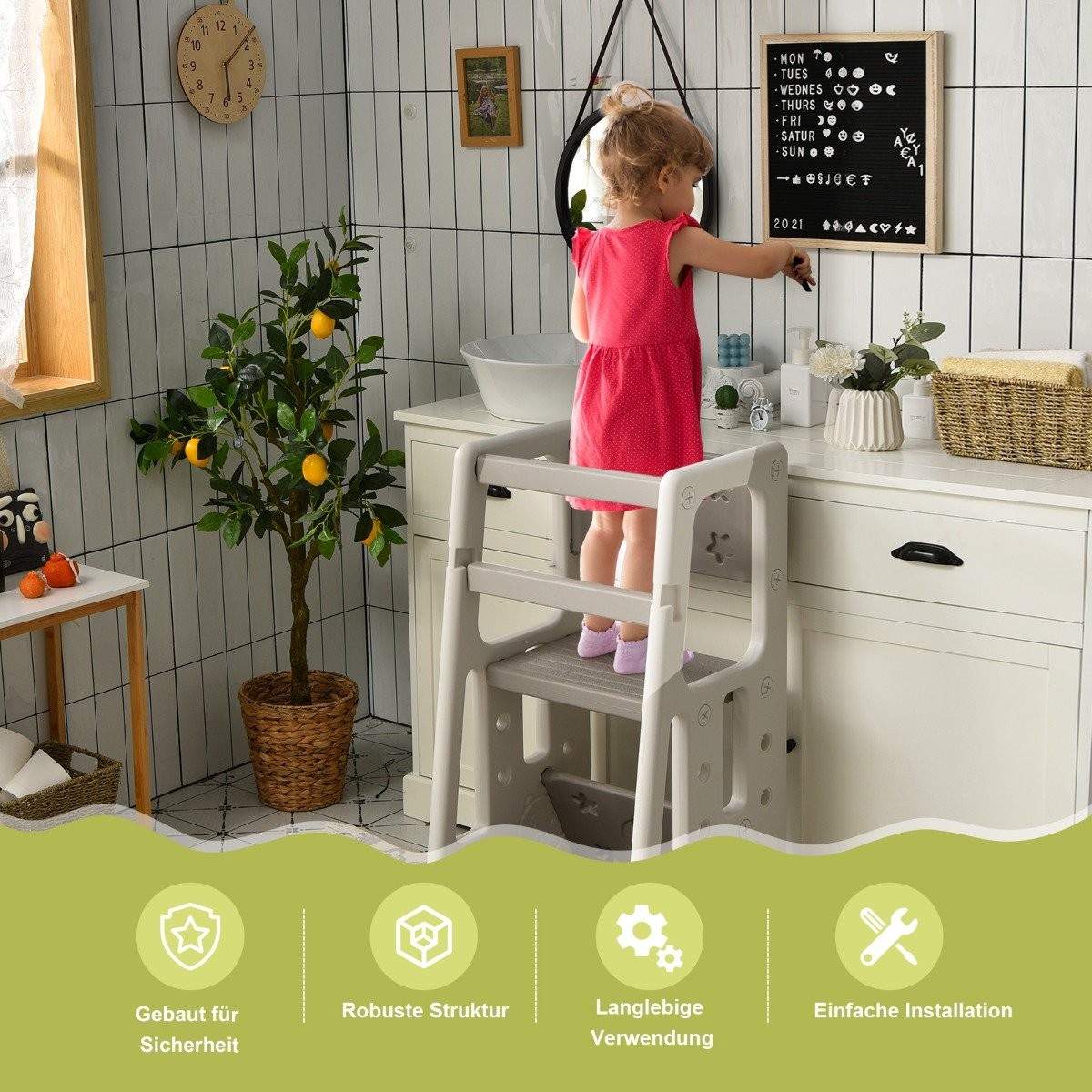 Børnekøkkenskammel med dobbelt sikkerhedsgelænder og 3 justerbare højder og skridsikre fødder Grå