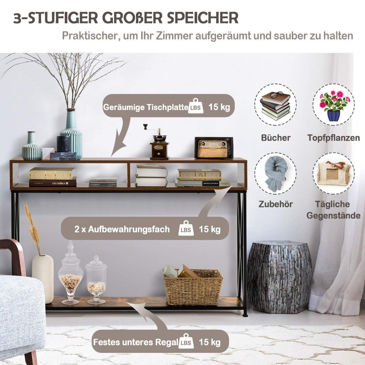 Brunt konsolbord med åben hylde og stålstel 120 x 23 x 79 cm