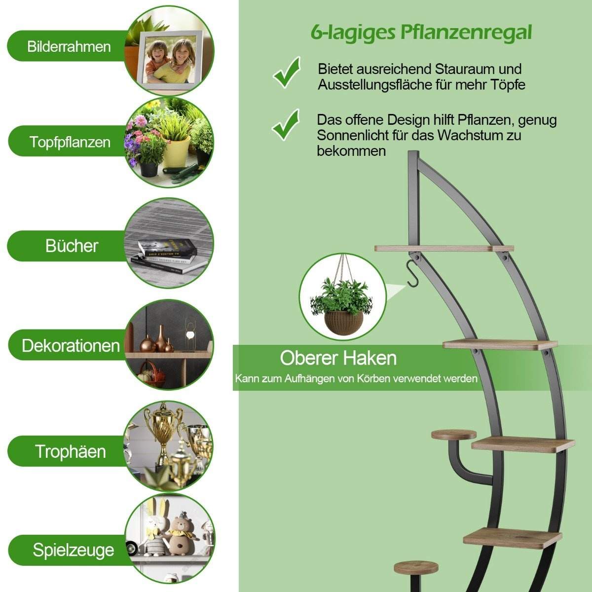 7-kerroksinen metallikasvien jalusta Kaareva puolikuun muotoinen tikkaat kasvien hylly