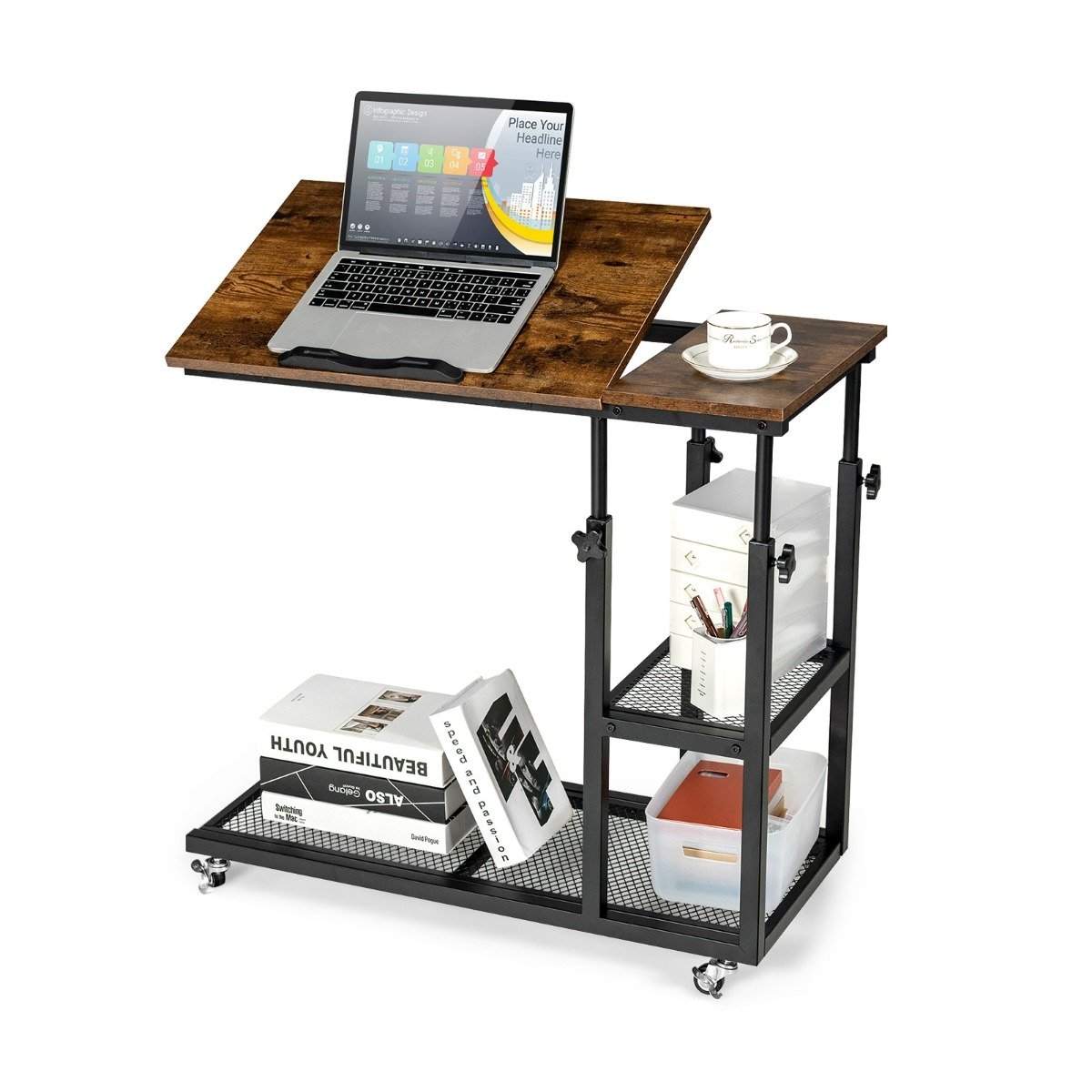 Laptopbord med højde- og hældningsjusterbart 3 niveauer sidebord vintage