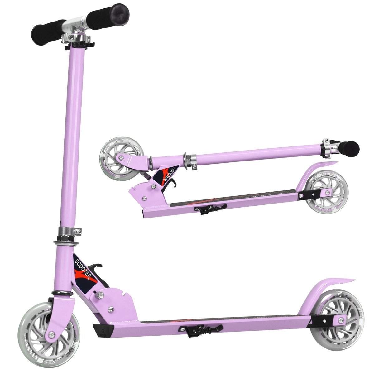 Sammenfoldelig højdejusterbar børnescooter med 2 blinkende hjul til børn fra 4 år og derover lilla