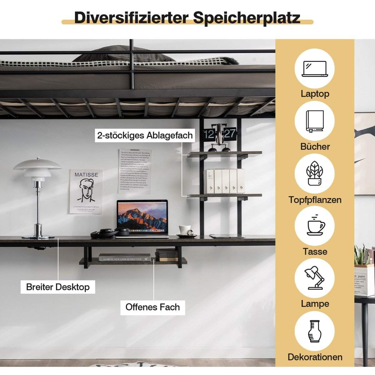 Køjeseng ramme loftseng lavet af metal med skrivebordsstiger og gelænder sort